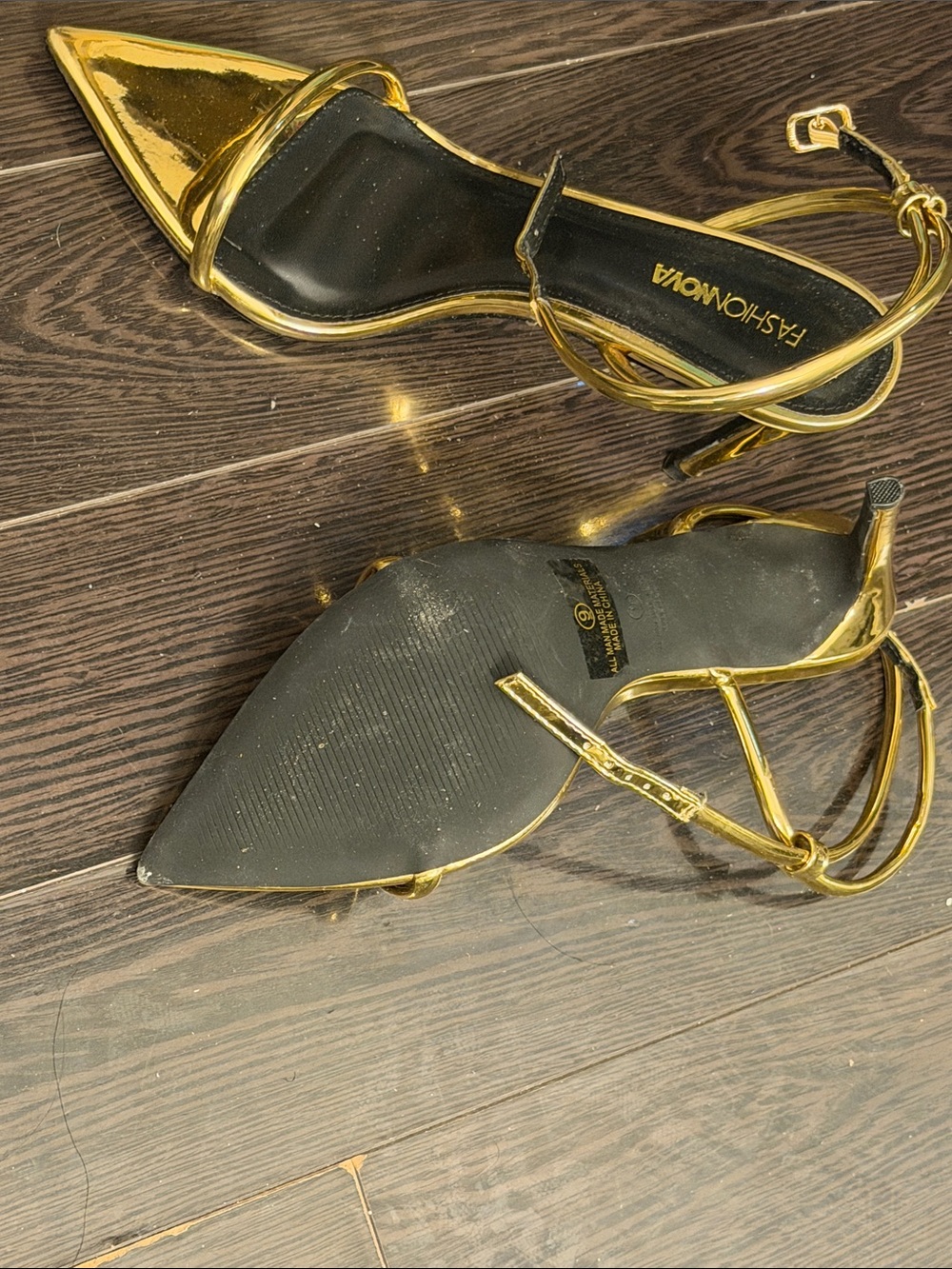 Fashion Nova Gold Pointed Toe Ankle Strap Heels - Picture 3 of 3